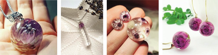 Фиолетовые и сиреневые сухоцветы в украшениях из смолы